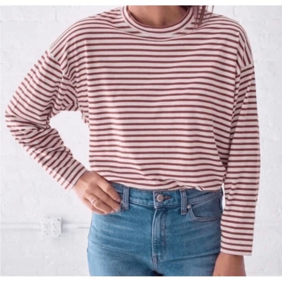 AYR French Fry Striped Long Sleeve Tee White/Rust Red Size Small Cotton Top - Picture 1 of 7